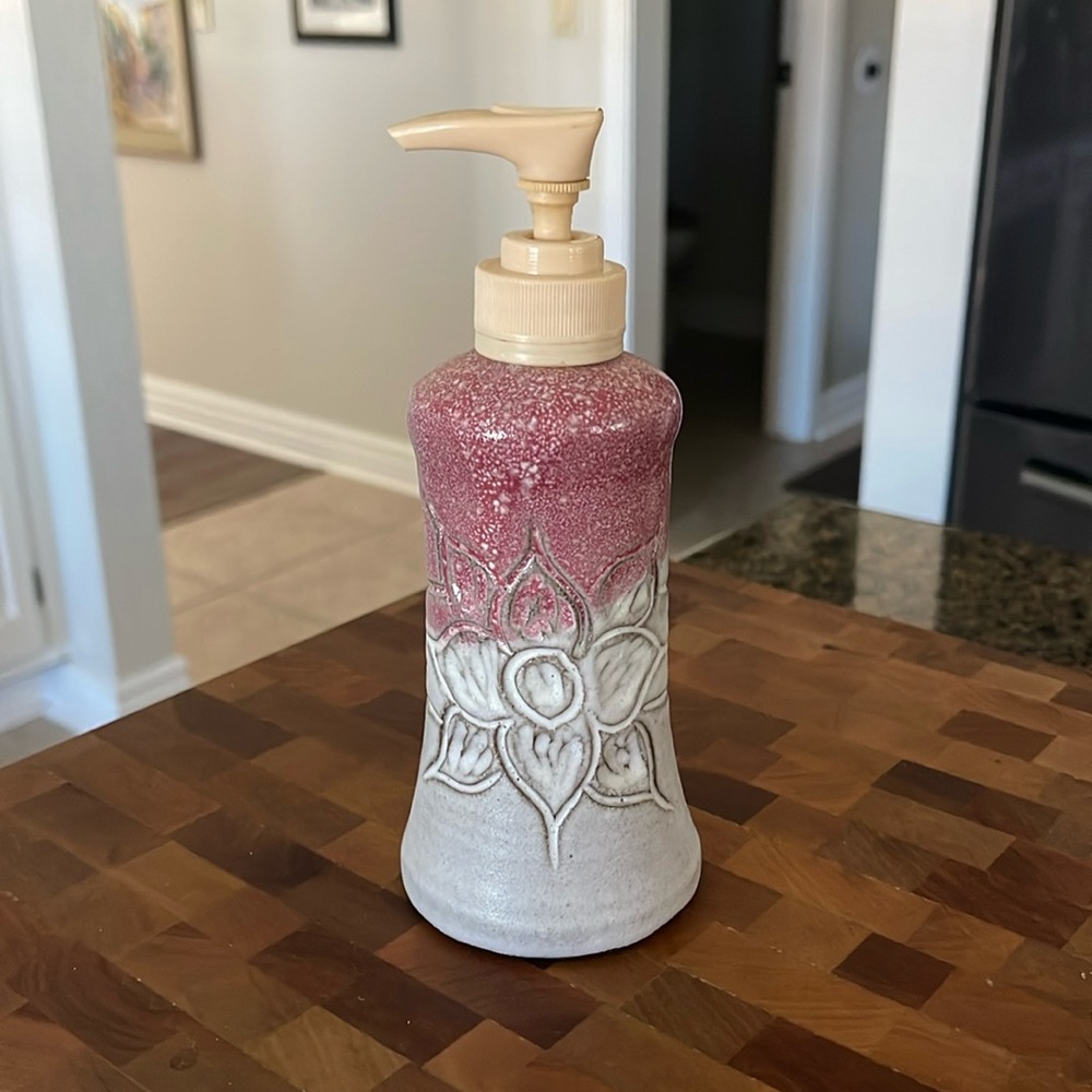 Pottery Soap or Lotion dispenser, signed by artist